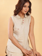 BohoJazz Khaki Linen Tailored Shorts with Sleeveless Collared Top Co-ord Set | Grocsy