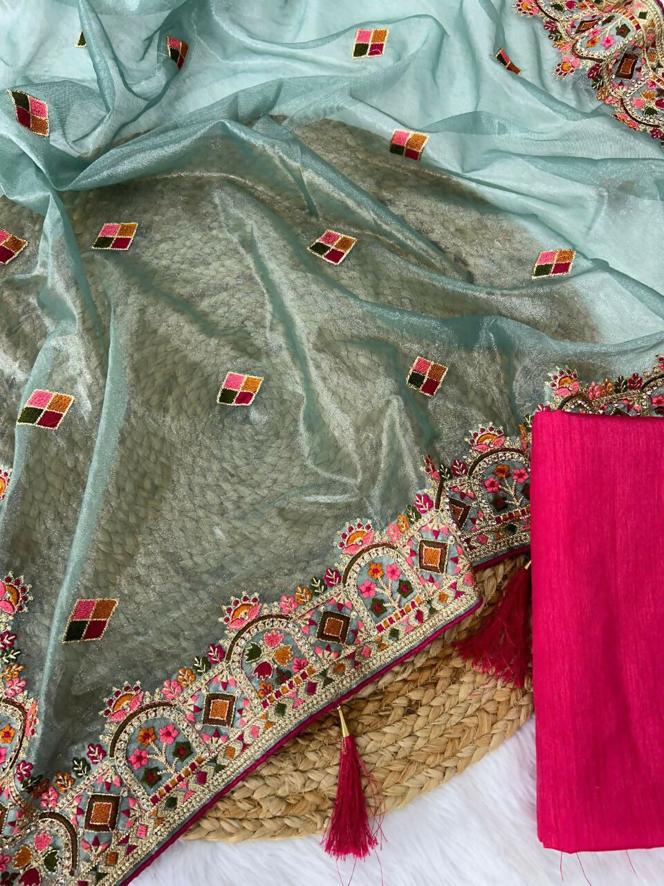 Vastranavya Twill Net Designer Embroidery & Colour Thread & Diamond work Saree with Blouse Material - Sky Blue | Grocsy