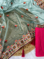 Vastranavya Twill Net Designer Embroidery & Colour Thread & Diamond work Saree with Blouse Material - Sky Blue | Grocsy