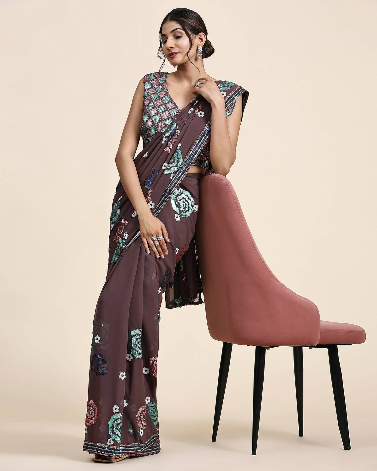 Brown Pure Georgette Sequence work Ready to wear Saree with stitched Blouse - Nirvana | Grocsy