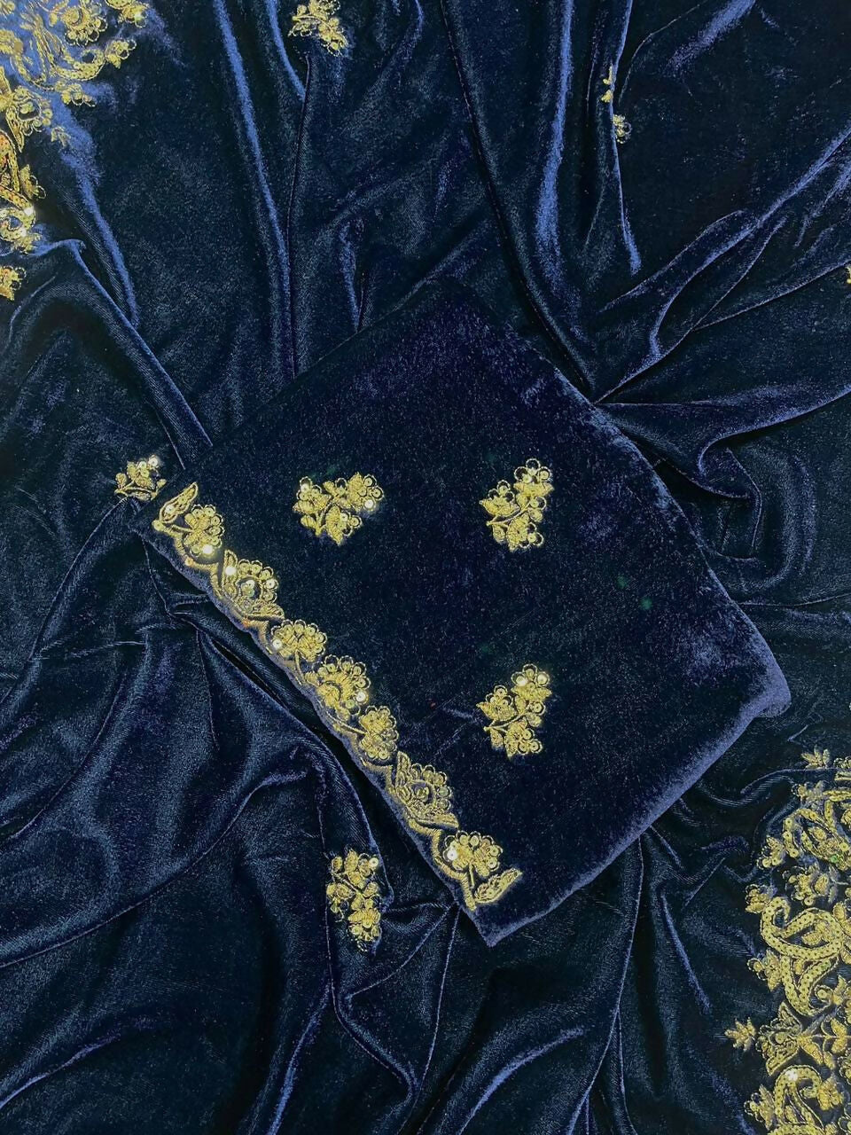 Vastranavya Designer Velvet Sequence & Zari Thread Embroidery work with border and Cutwork Saree - Navy Blue | Grocsy