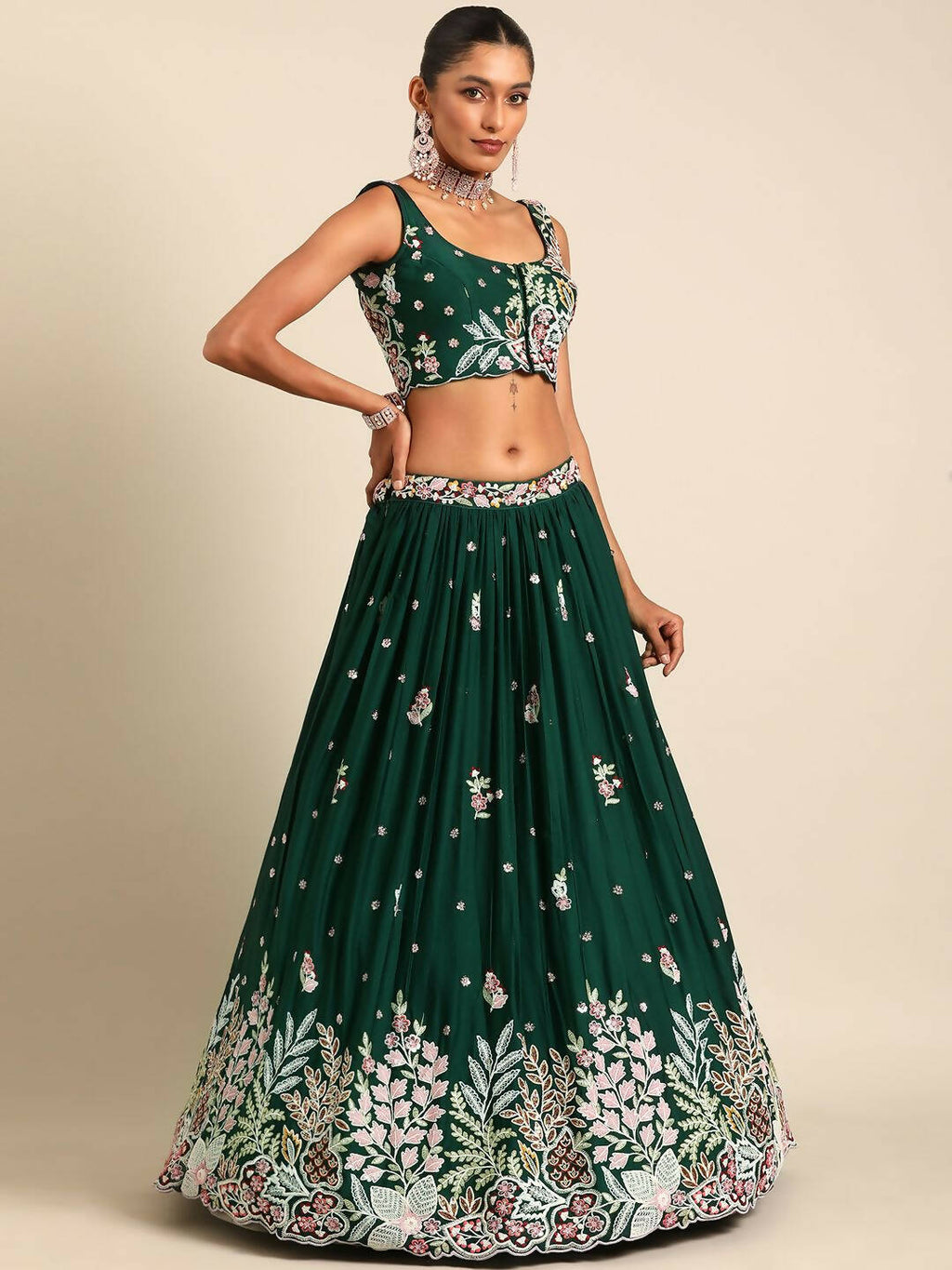 House of Panchhi Green Georgette Sequins and thread embroidery Lehenga choli & Dupatta | Grocsy
