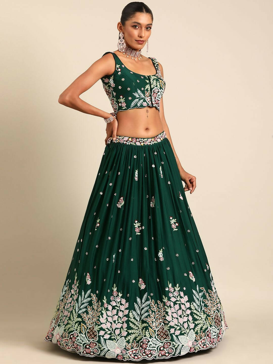 House of Panchhi Green Georgette Sequins and thread embroidery Lehenga choli & Dupatta | Grocsy