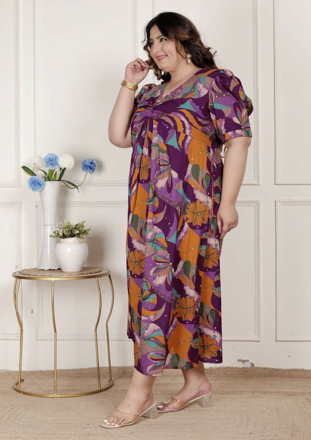 Miravan Womens Plus Size Floral Print Puff Sleeve Pure Cotton Magenta Butterfly Maxi Dress | Grocsy