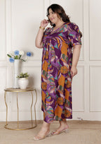 Miravan Womens Plus Size Floral Print Puff Sleeve Pure Cotton Magenta Butterfly Maxi Dress | Grocsy