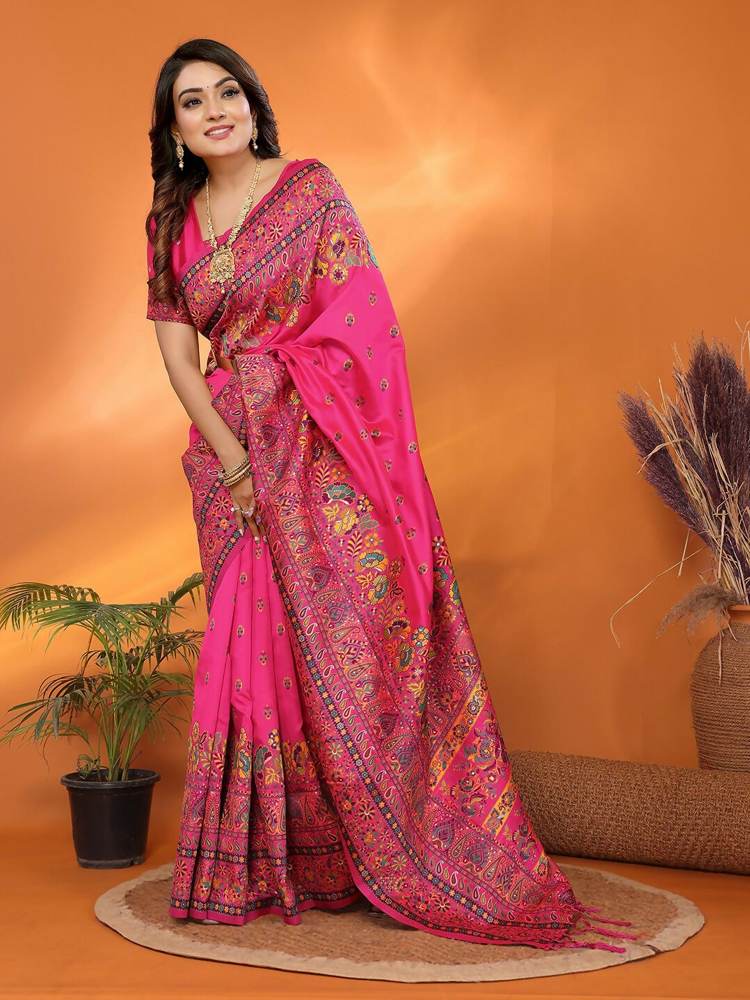 Joban Fashion Rani Pink Meena Weaves Pashmina Sarees | Grocsy
