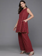 Ahalyaa Women Printed Tunic with Palazzos - Maroon Color | Grocsy