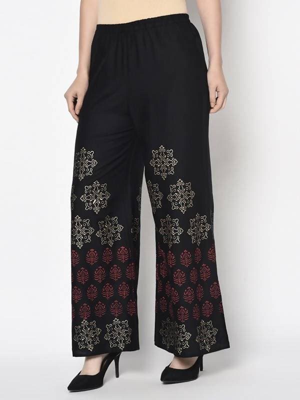 Aniyah Rayon Black Color Block Print Flared Slip-On Palazzo (AN-188K) | Grocsy