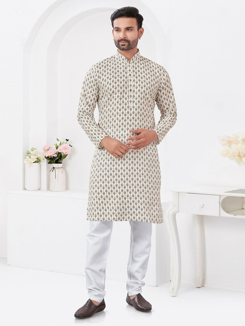 Joban Fashion Men's Rayon Cotton Cream Printed Kurta Pyjama set | Grocsy