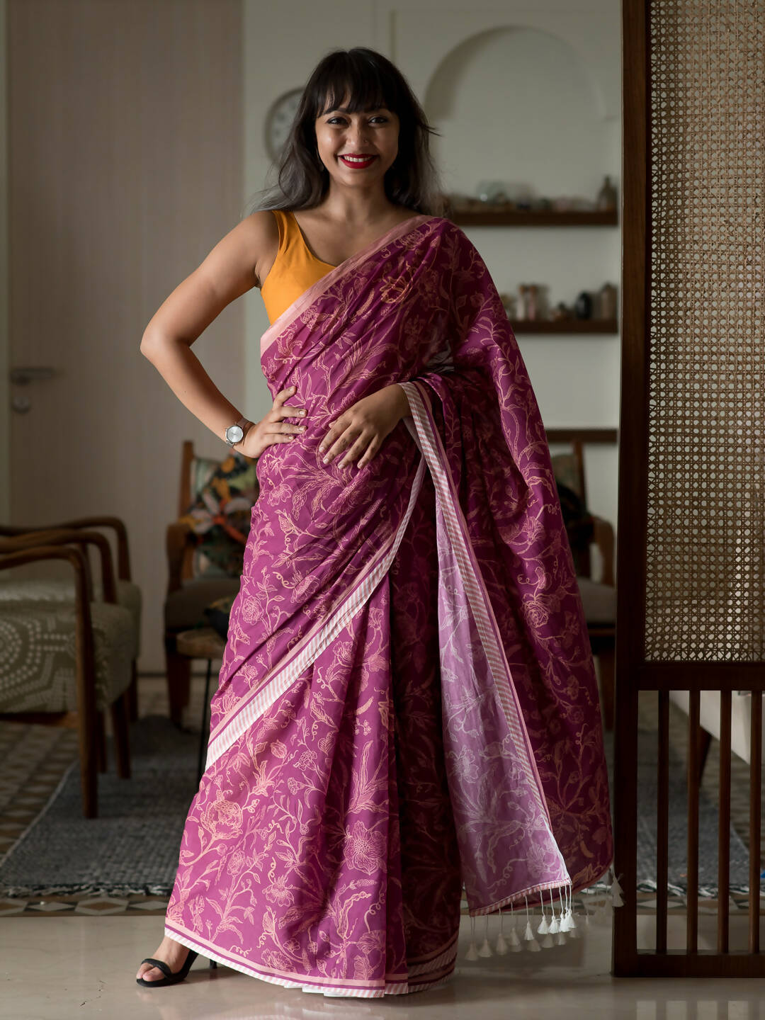 Suta Magenta Floral Pure Cotton Saree | Grocsy