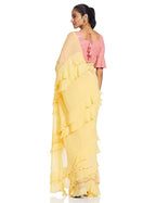 River Suneet Varma Designer Golden Haze Georgette Saree with Ruffle Detailing & Sequin Blouse Piece | Grocsy