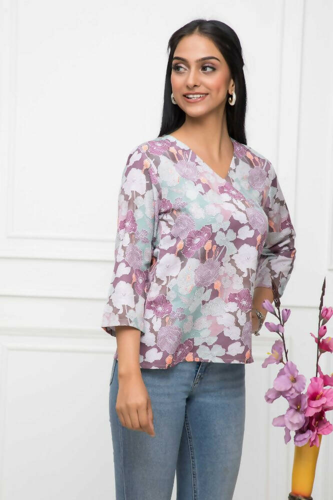 Myshka Women Multi-Floral V-Neck Regular Sleeves Viscose Rayon Top | Grocsy