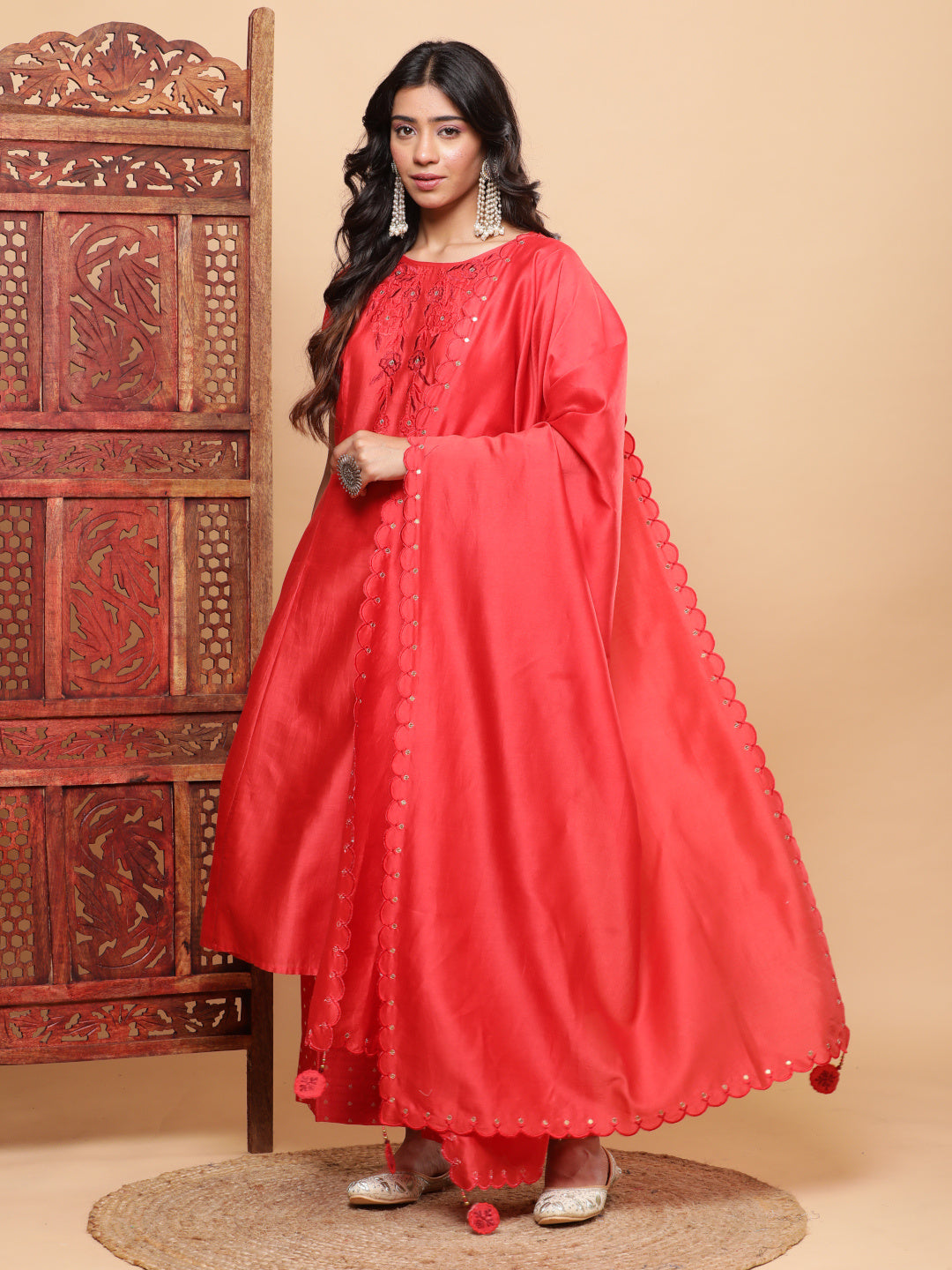 BohoJazz Nazm Embroidered Kimono Sleeves Kurta with Banarasi Pants and Dupatta - Red | Grocsy