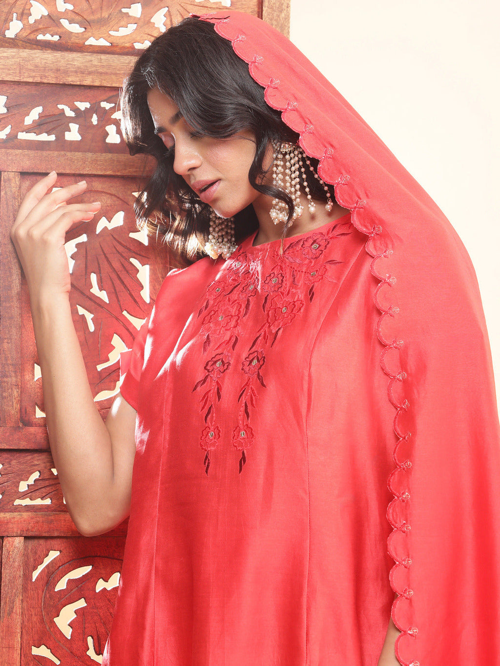 BohoJazz Nazm Embroidered Kimono Sleeves Kurta with Banarasi Pants and Dupatta - Red | Grocsy