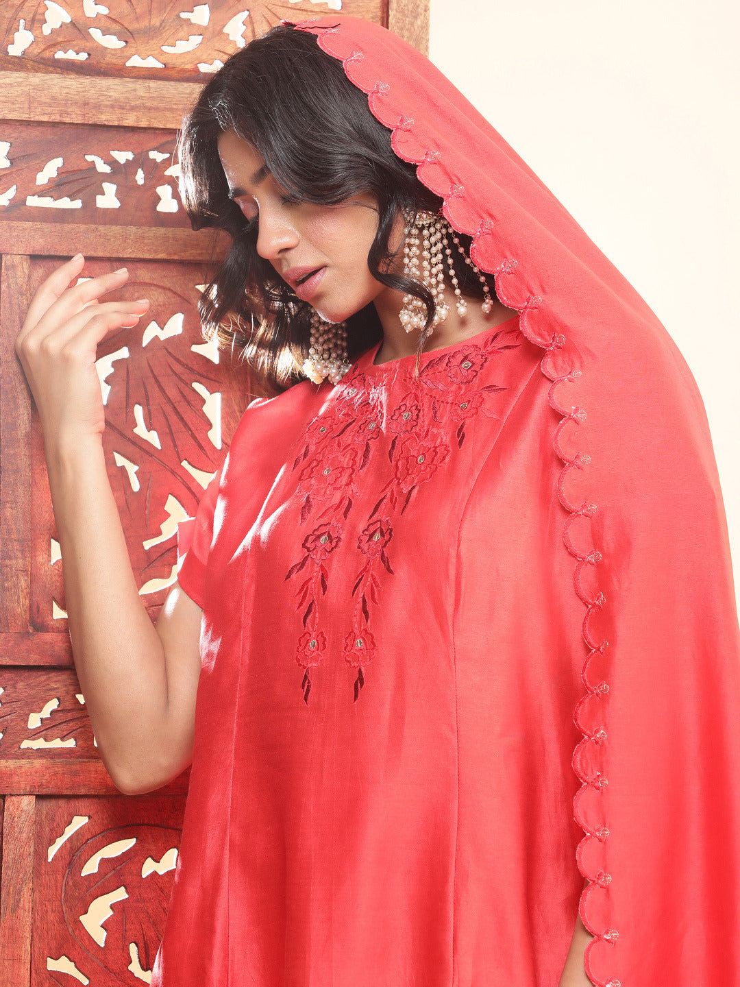 BohoJazz Nazm Embroidered Kimono Sleeves Kurta with Banarasi Pants and Dupatta - Red | Grocsy