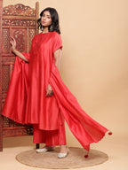 BohoJazz Nazm Embroidered Kimono Sleeves Kurta with Banarasi Pants and Dupatta - Red | Grocsy