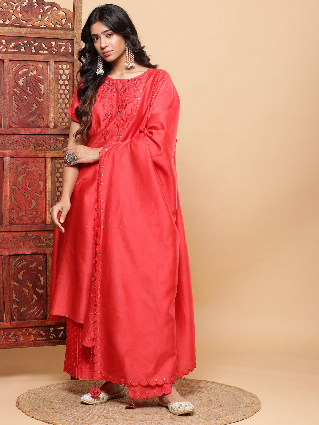BohoJazz Nazm Embroidered Kimono Sleeves Kurta with Banarasi Pants and Dupatta - Red | Grocsy