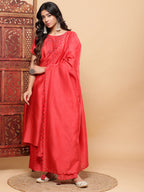 BohoJazz Nazm Embroidered Kimono Sleeves Kurta with Banarasi Pants and Dupatta - Red | Grocsy