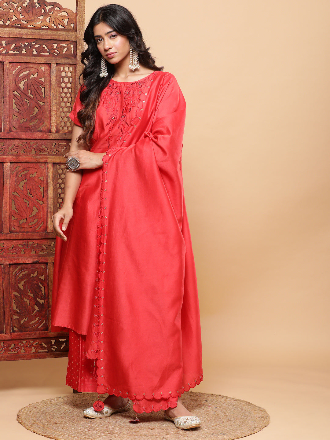 BohoJazz Nazm Embroidered Kimono Sleeves Kurta with Banarasi Pants and Dupatta - Red | Grocsy