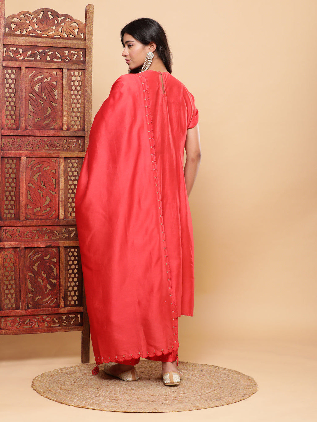 BohoJazz Nazm Embroidered Kimono Sleeves Kurta with Banarasi Pants and Dupatta - Red | Grocsy