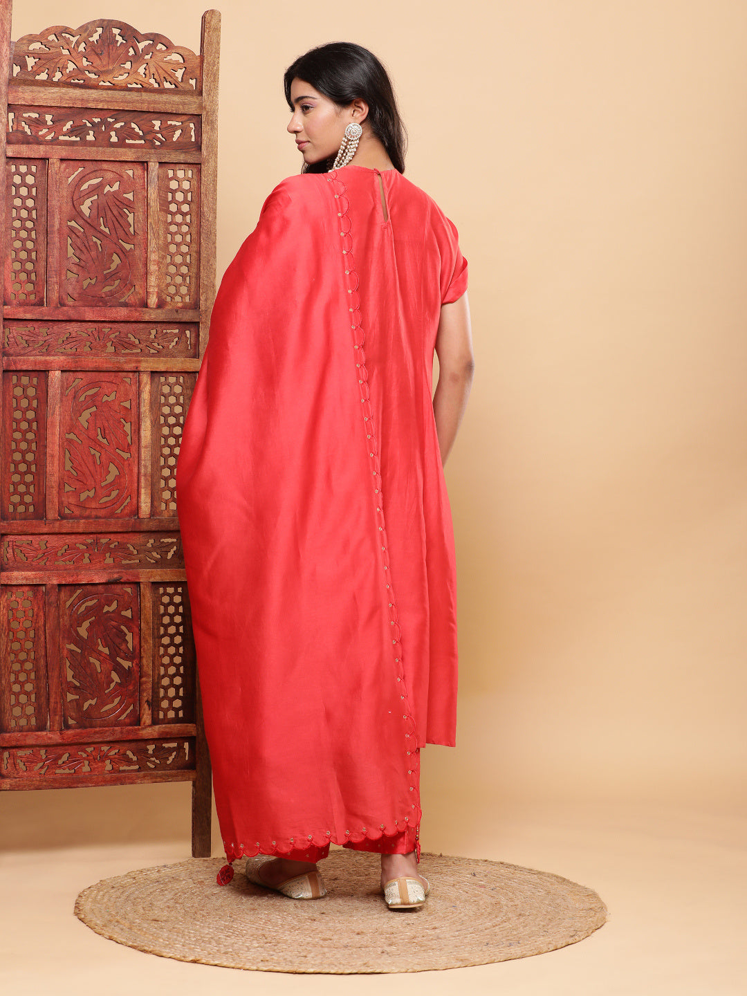 BohoJazz Nazm Embroidered Kimono Sleeves Kurta with Banarasi Pants and Dupatta - Red | Grocsy