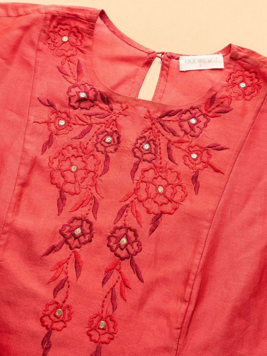 BohoJazz Nazm Embroidered Kimono Sleeves Kurta with Banarasi Pants and Dupatta - Red | Grocsy