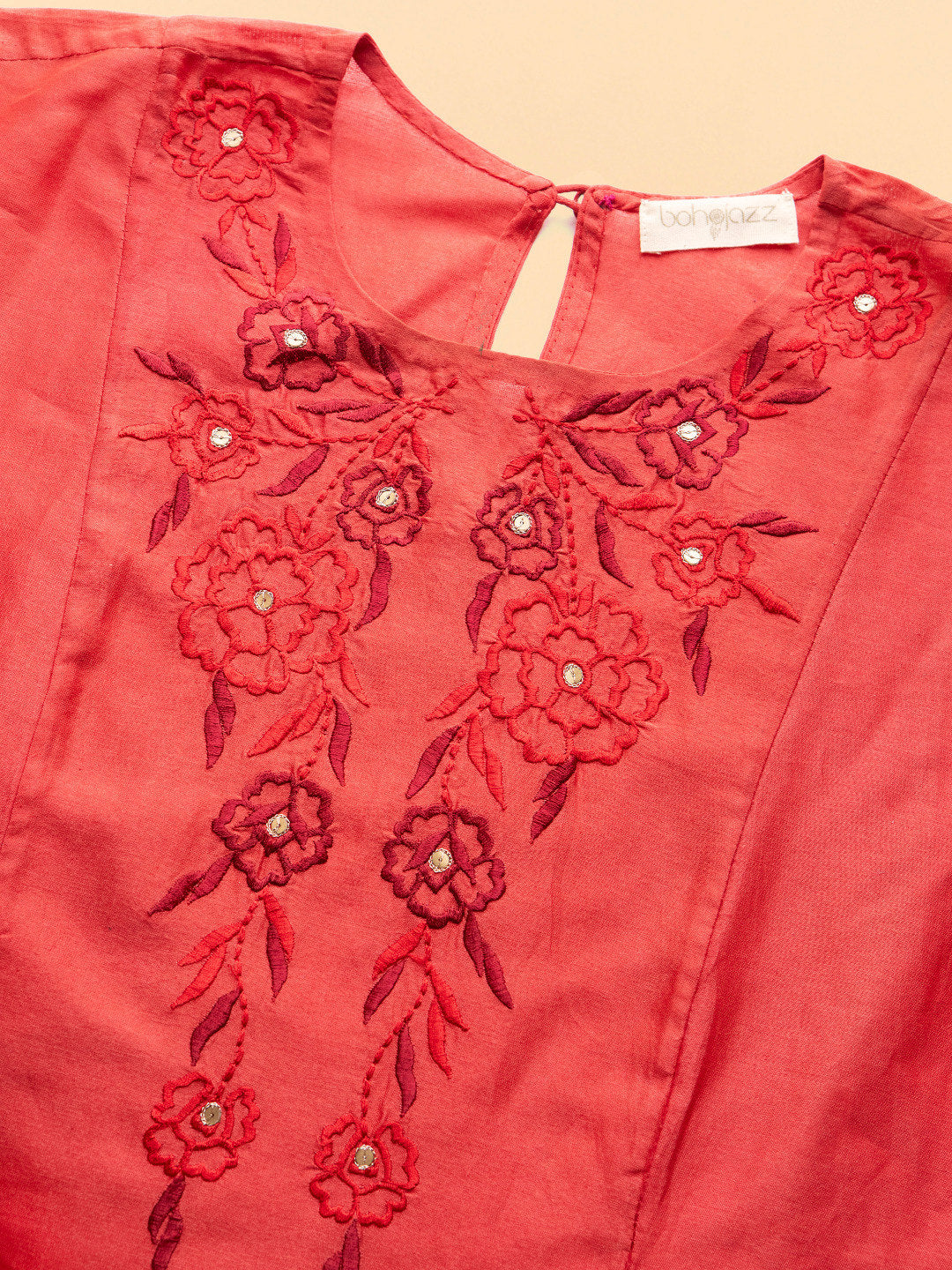 BohoJazz Nazm Embroidered Kimono Sleeves Kurta with Banarasi Pants and Dupatta - Red | Grocsy