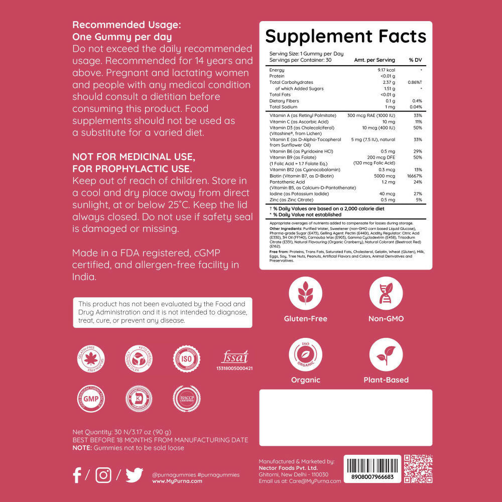 Purna Gummies Biotin Cranberry Flavour Gummies with Vitamin B 12 for Stronger Hair and Nails | Grocsy