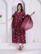 Miravan Womens Maroon Floral Printed Angrakha Pure Cotton Kurta And Dupatta | Grocsy