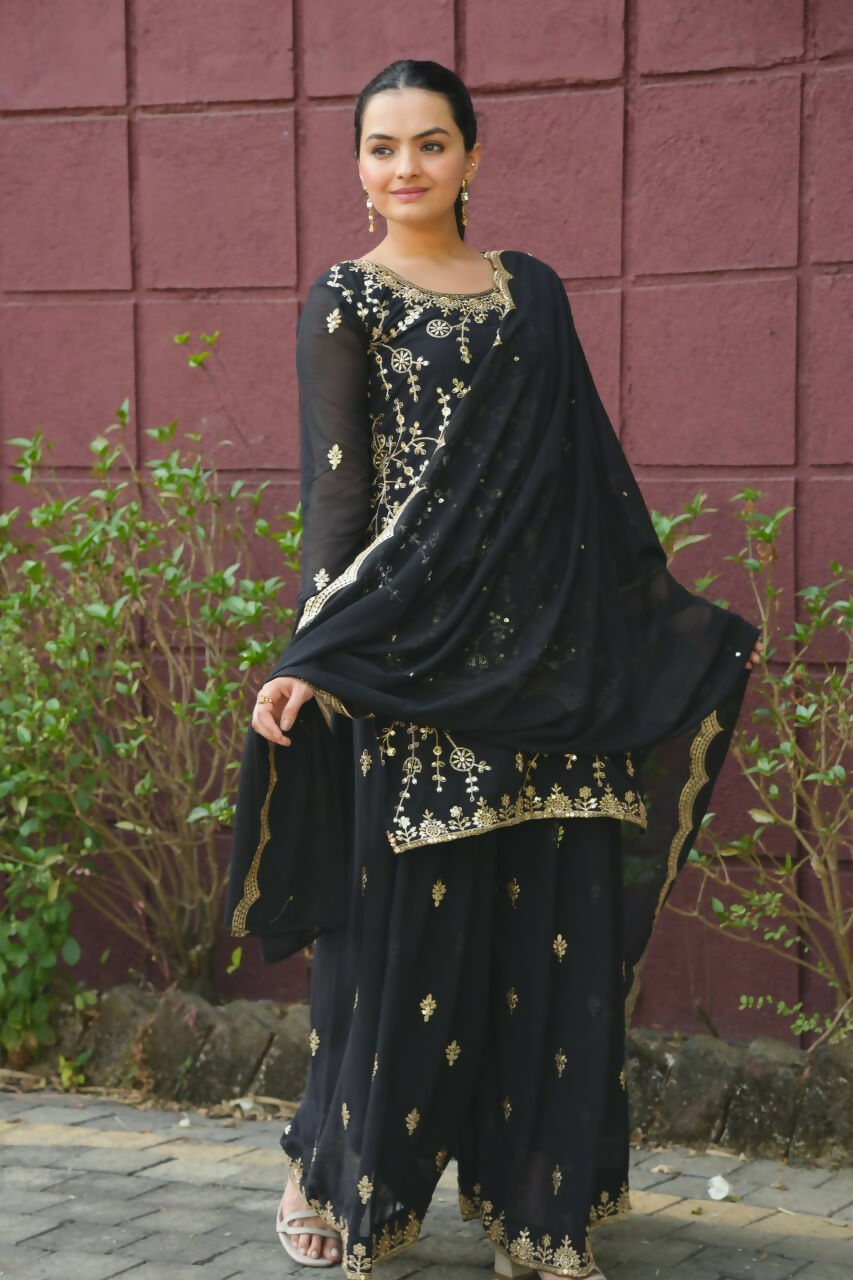 Joban Fashion Black Georgette Embroidered Sharara Set | Grocsy
