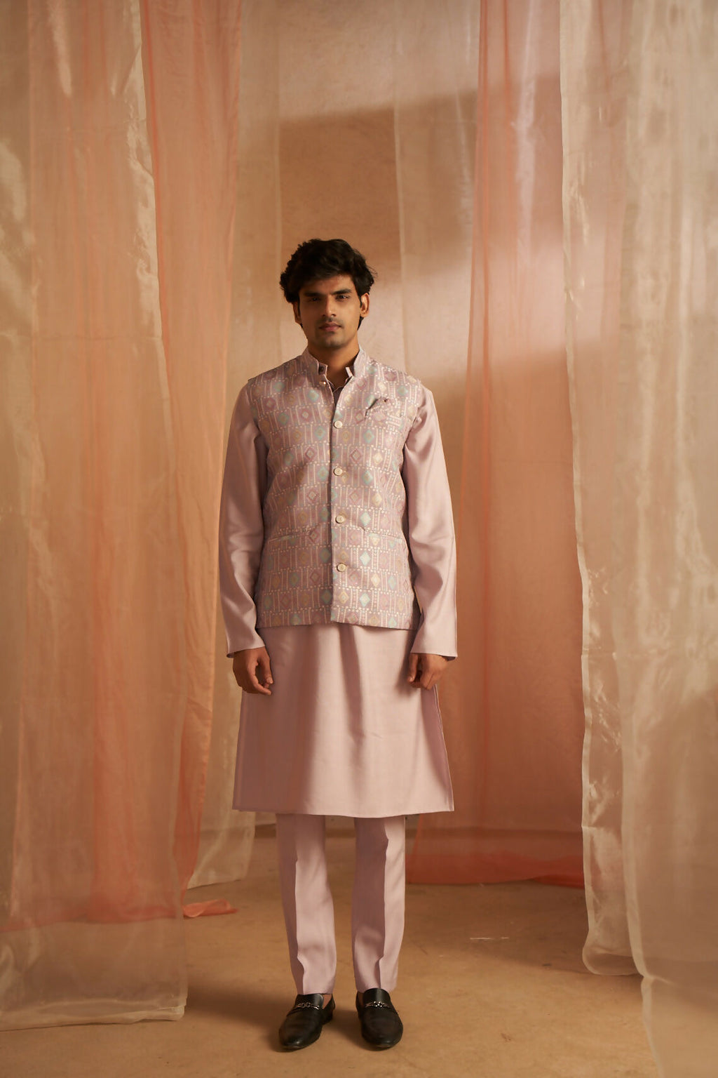 Purple Viscose Designer Printed Men's Kurta Set with Koti - Mahotsav | Grocsy