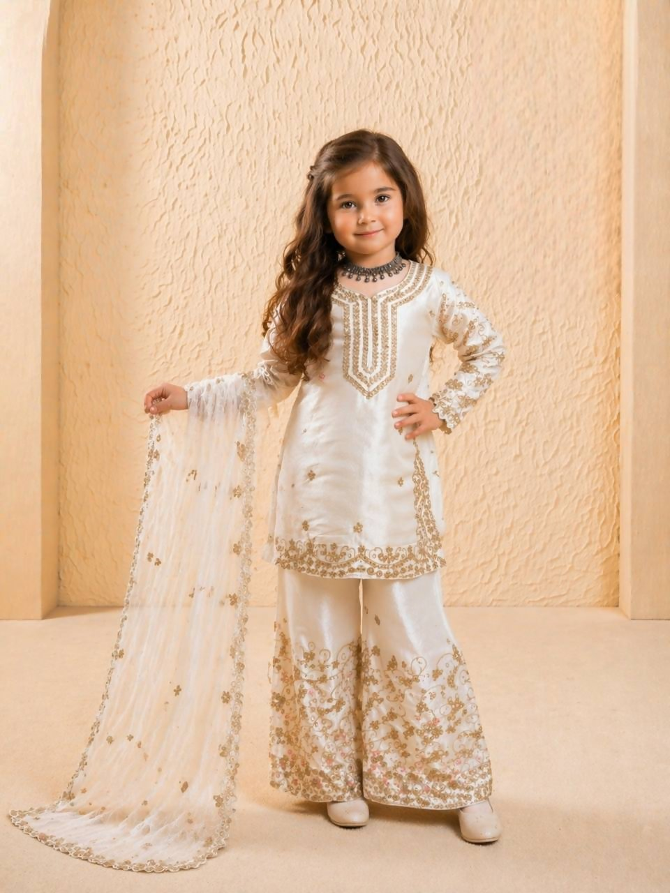 Teeya Creation New Kids Wedding Wear Heavy Embroidery Sequence Work Kurta Sharara Set-White | Grocsy
