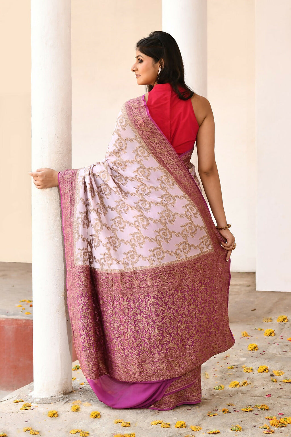 Joban Fashion Pastel Lilac Crepe Chiffon Pure Handloom Banarasi Silk Saree | Grocsy