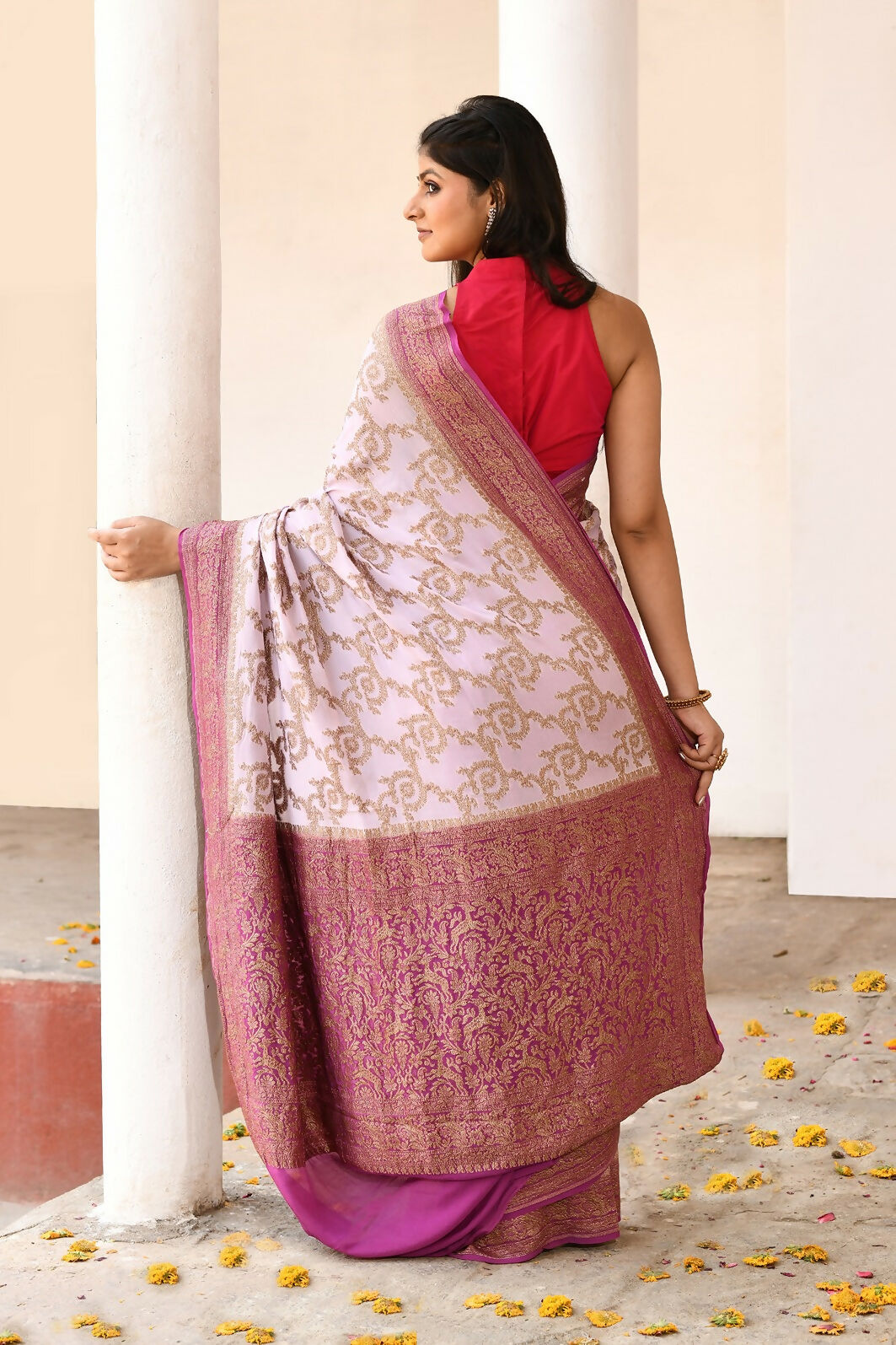 Joban Fashion Pastel Lilac Crepe Chiffon Pure Handloom Banarasi Silk Saree | Grocsy