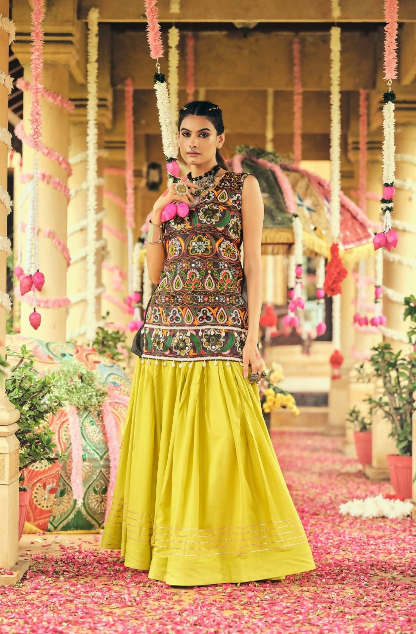 Teeya Creation Lemon Yellow Colour Rayon Silk Embroidery Work Fully Stitched Navratri Lehenga | Grocsy