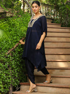 Janasya Navy Blue Silk Blend Yoke Embroidery Co-Ords | Grocsy