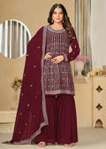Faux Georgette Maroon Embroidered Gharara Style Suit - Emponline | Grocsy