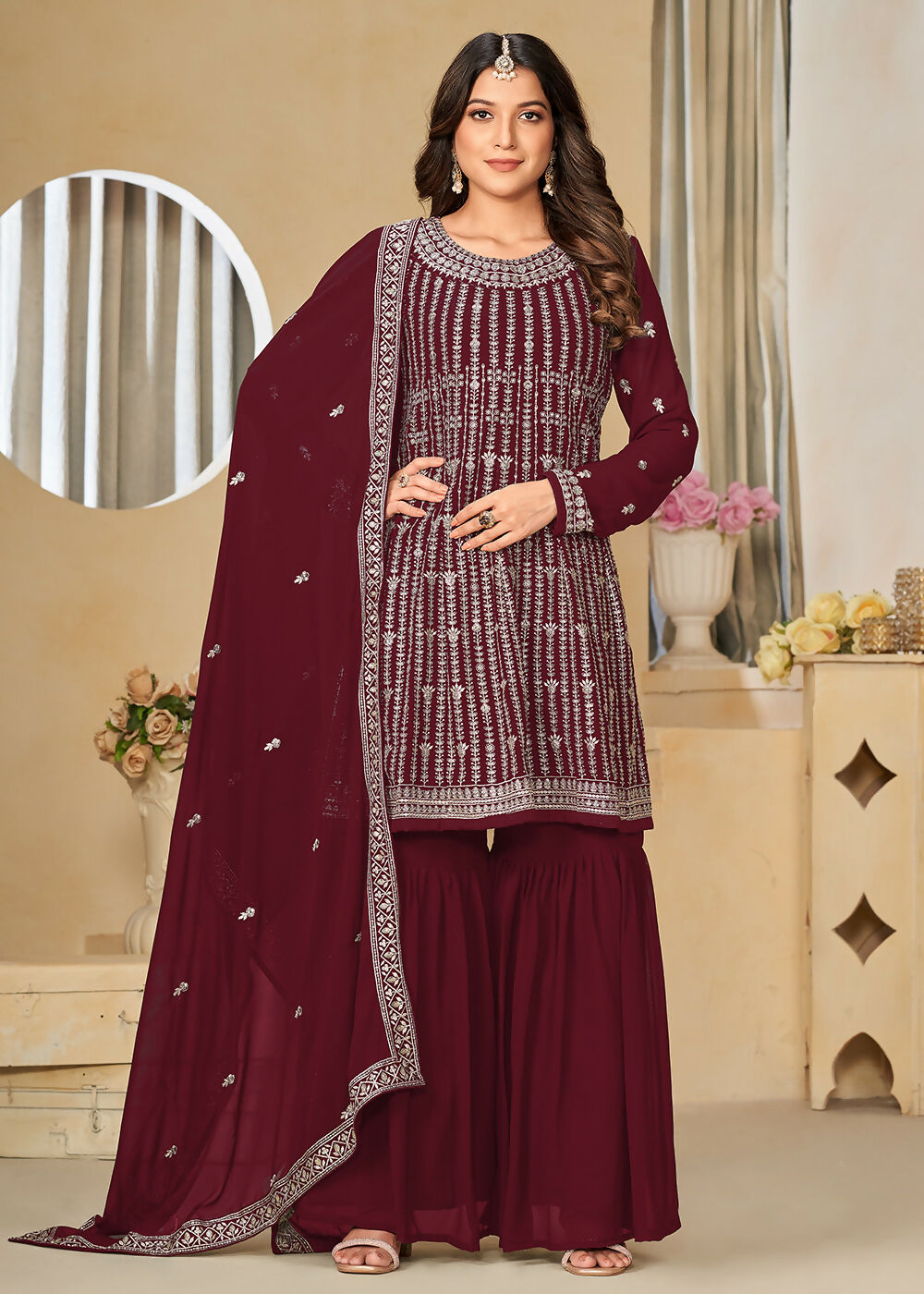 Faux Georgette Maroon Embroidered Gharara Style Suit - Emponline | Grocsy