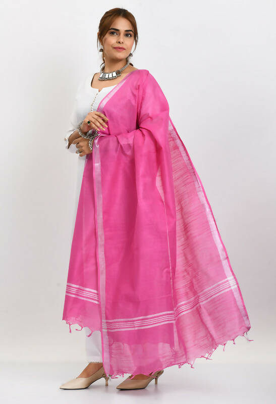 Mominos Fashion Moeza Women's Linen Cotton Silver Border Dark Pink Dupatta | Grocsy