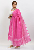 Mominos Fashion Moeza Women's Linen Cotton Silver Border Dark Pink Dupatta | Grocsy