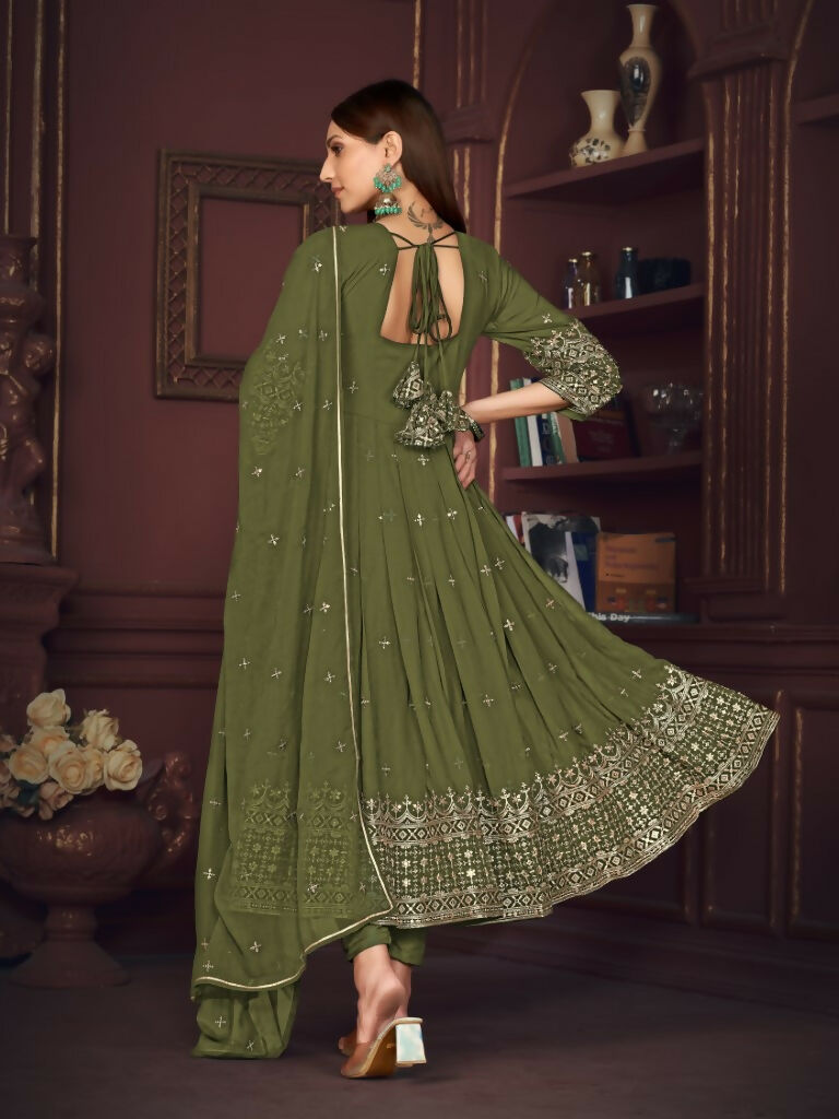 Jyoti Fashion Women's Olive Green Georgette Embroidered Anarkali Kurta Pant Set With Dupatta | Grocsy