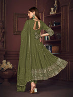 Jyoti Fashion Women's Olive Green Georgette Embroidered Anarkali Kurta Pant Set With Dupatta | Grocsy