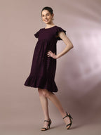 Myshka Women's Violet Embroidered Cotton Round Neck A-Line Party Dress | Grocsy