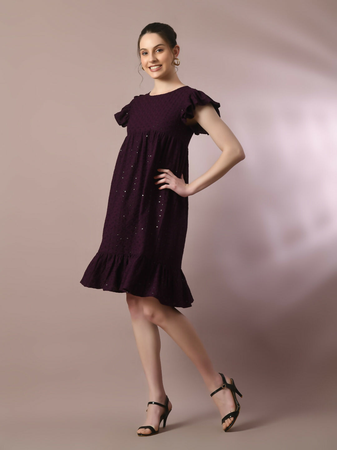 Myshka Women's Violet Embroidered Cotton Round Neck A-Line Party Dress | Grocsy