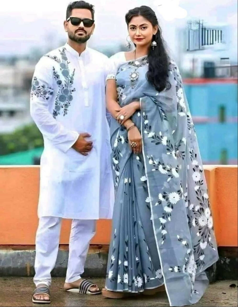 Exclusive Collection Elegant Hand Printing Designe On Pure Cotton Saree And Men's Kurta - Ash | Grocsy