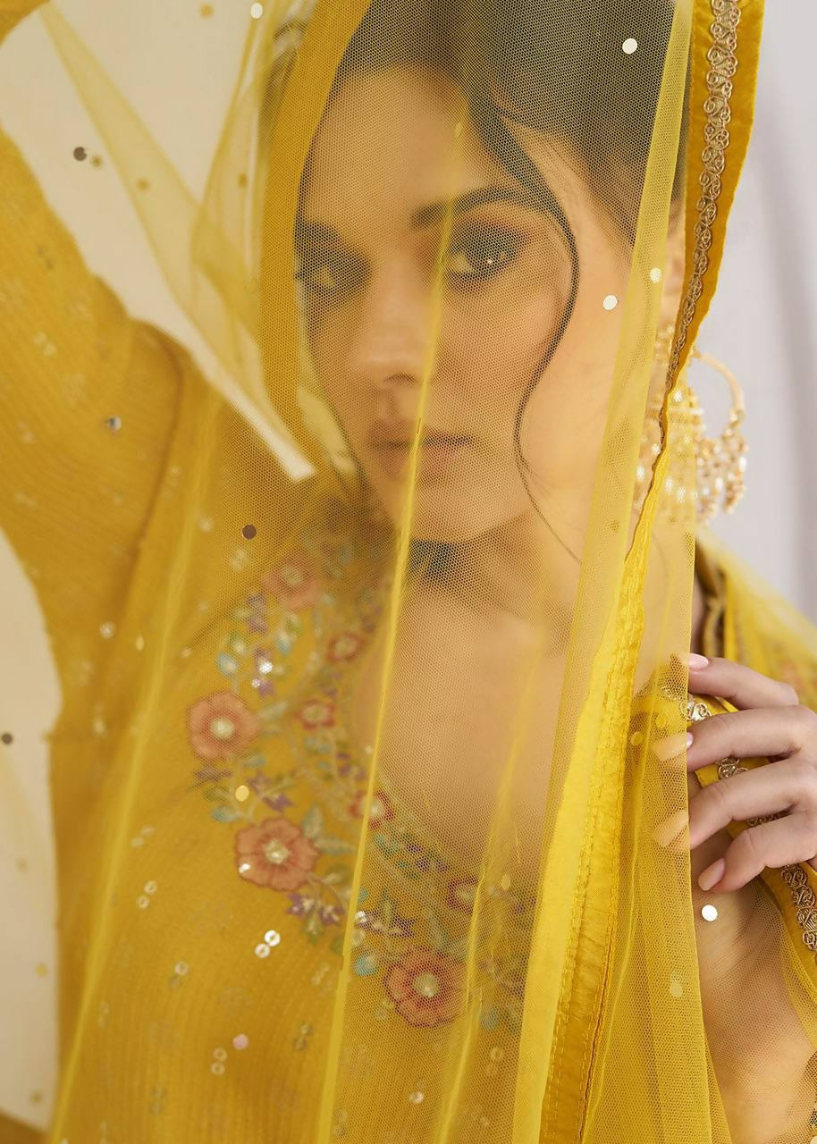 Lorenvalley Fashion Yellow Chinon Embroidery with Sequince Work Salwar Lehenga Stitched | Grocsy