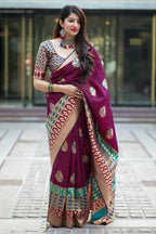 DEIANA'S Beautiful Designer Golden zari Soft Lichi Silk Saree - Wine | Grocsy