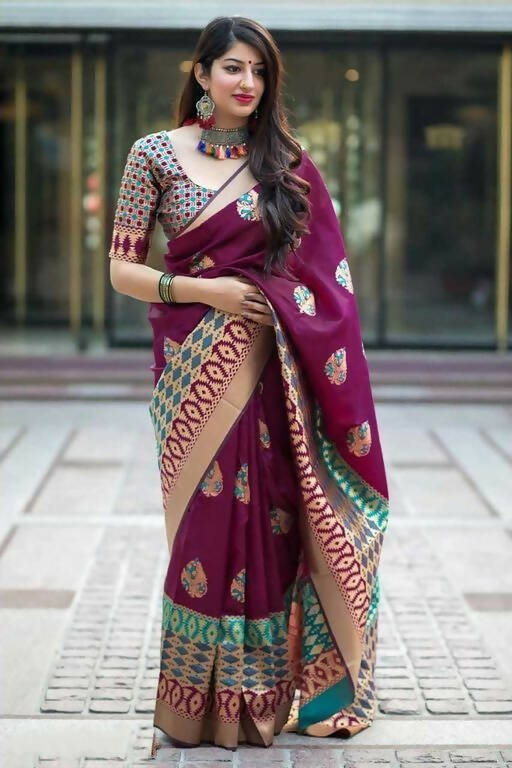 DEIANA'S Beautiful Designer Golden zari Soft Lichi Silk Saree - Wine | Grocsy
