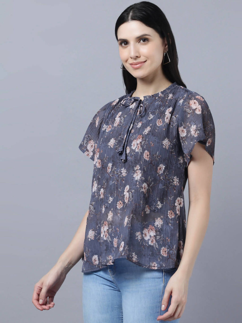 Myshka Women Charcoal Grey Peach-Coloured Floral Print Tie-Up Neck Georgette Top | Grocsy