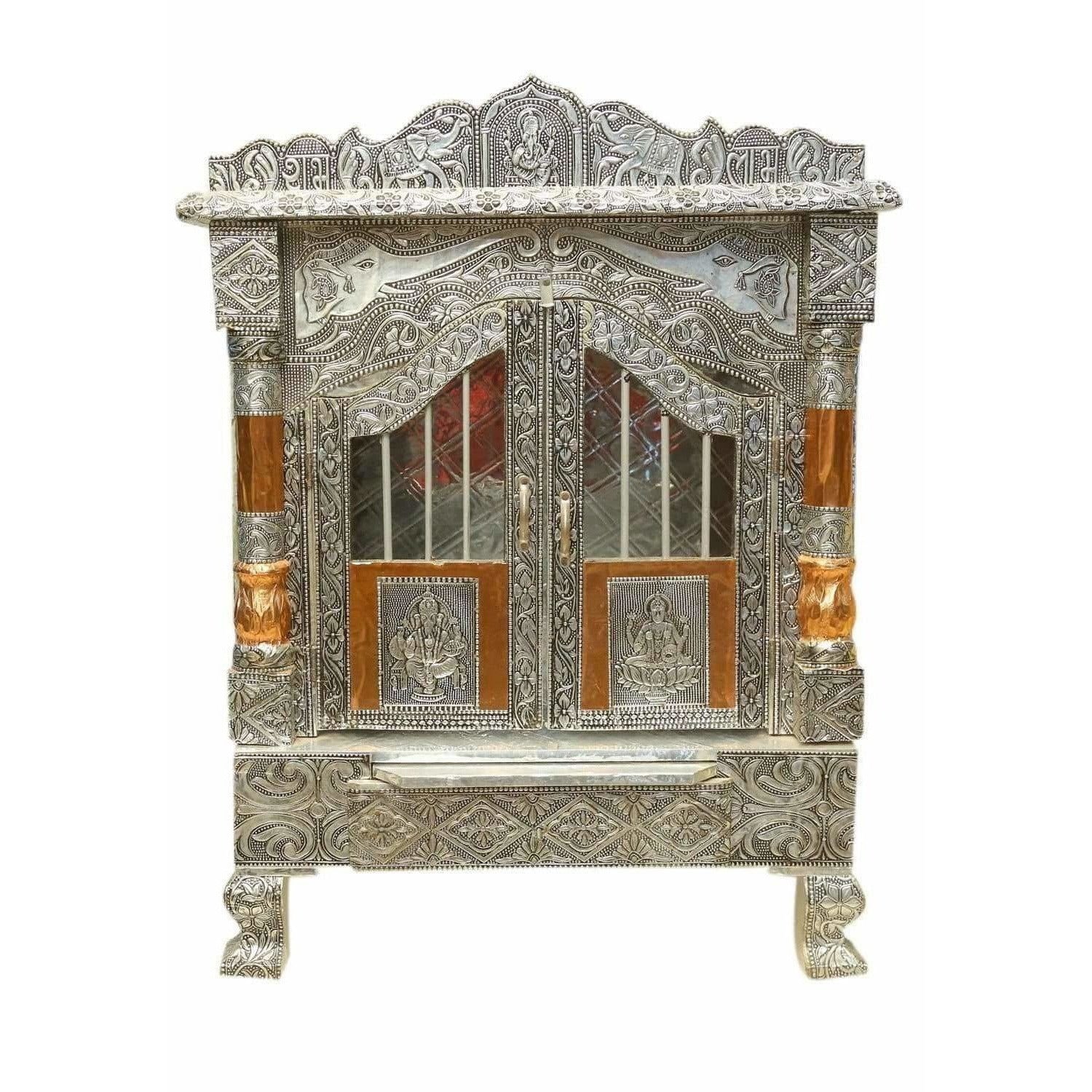 Silver Coated and Copper 2 Door Open Pooja Mandir / Pooja Mandiram Silver Coated and Copper | Grocsy
